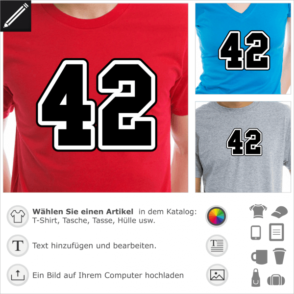 42 Sport Design fr T-Shirt Druck. Gestalte ein T-shirt H2G2 zweiundvierzig.