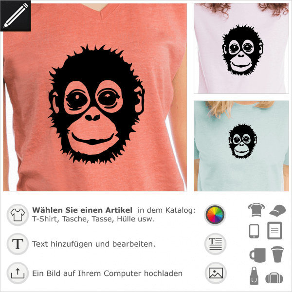 Baby Orang-Utan personalisierbares Design für T-Shirt Druck. Personalisiere ein T-Shirt Tiere und Affe mit diesem Orang Utan Motiv.