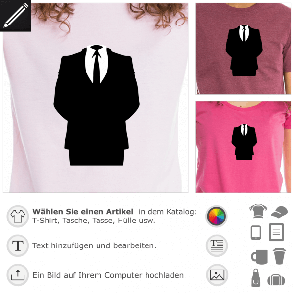 Anonymous Anzug, personalisierbares Design fr T-Shirt Druck. Gestalte ein T-Shirt oder ein Accessoire Anonymous.