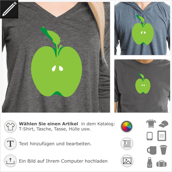 Stilisierter Apfel Design für T-Shirt Druck. Gestalte ein T-Shirt oder ein Accessoires Natur und Früchte.