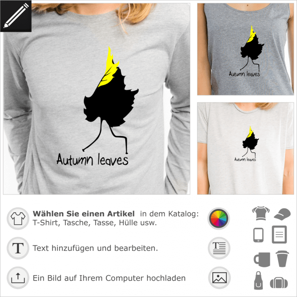 Autumn leaves Wortspiel, visual pun, Wortspiel Design für T-Shirt Druck. Gestalte ein Herbst T-Shirt mit diesem Weggehenden Blatt.