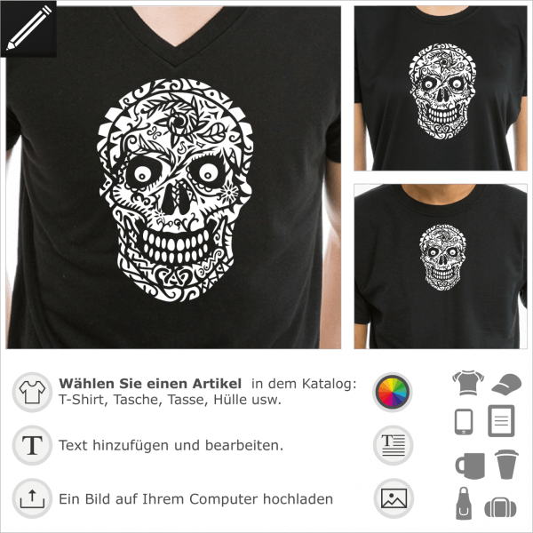 Blühender Totenkopf. Monster Design für T-Shirt Druck.