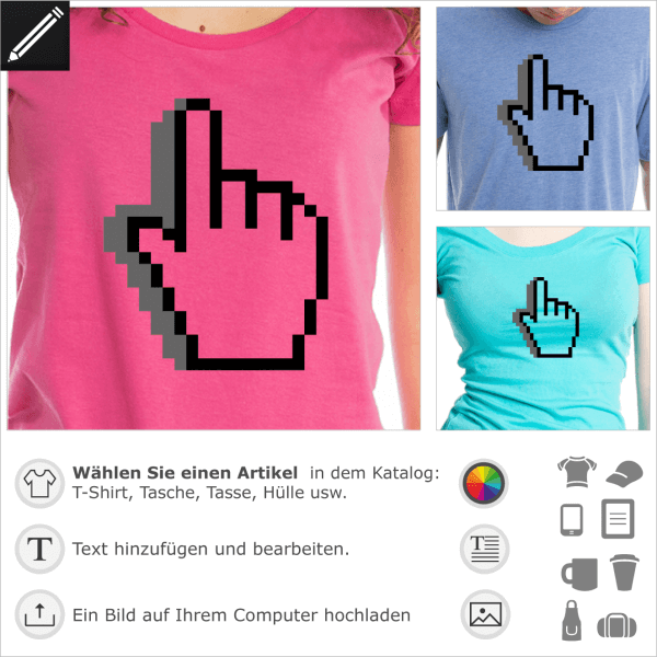 Durchsichtig Cursor pointer Design, anpassbares Pixels Hand Design für T-Shirt Druck.