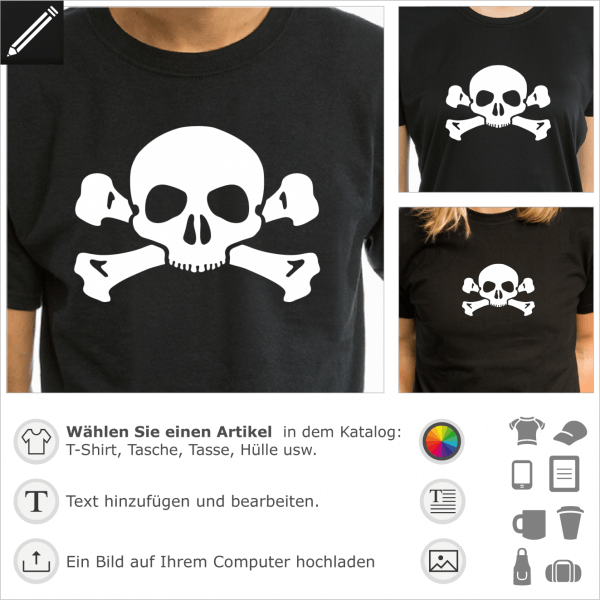 Piraten feiner Totenkopf mit Knochen. Gestalte ein T-Shirt Pirat mit diesem kleinen Schädel und kreuzweiser Knochen.