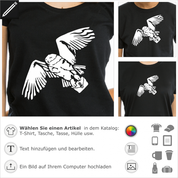 Hedwig Eule umgekehrtes Design für T-Shirt Druck. Harry Potter's Snowy Owl. Gestalte ein Literatur T-Shirt.
