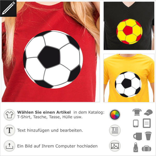 Fußball-T-Shirt. Fußball in drei Farben, ohne Konturen. Ball zum Personalisieren und T-Shirt Bedrucken