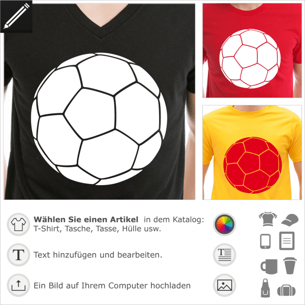 Fußball T-Shirt. Weißer monochromer Fußballball zum Anpassen.  Die Farbe kann geändert werden. Erstelle ein originelles Fußball T-Shirt.