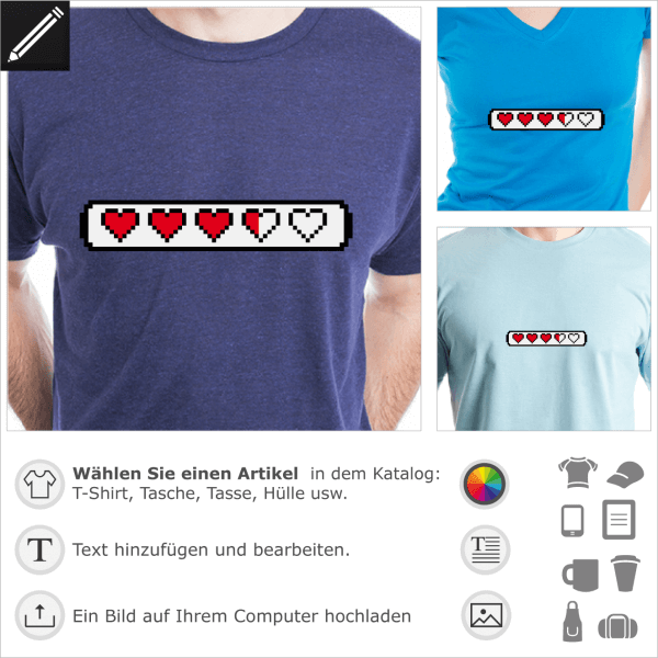 Lifebar mit Herzen, anpassbares Retrogaming Design für T-Shirt Druck. Undirchsichtiger Strich mit Herzen.