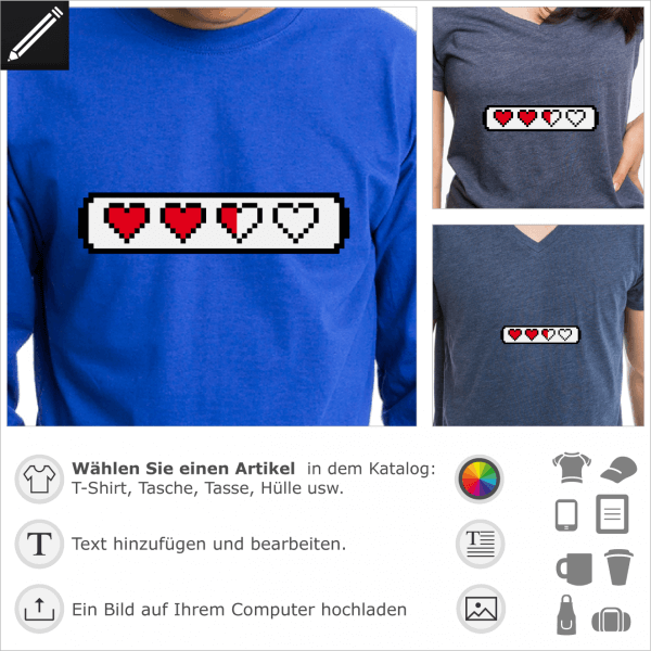 Pixels Lifebar mit Herzen, anpassbares Retrospiel Design für T-Shirt Druck.