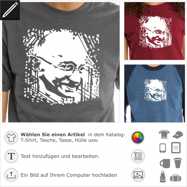 Gandhi Porträt mit Hintergrund Textur, anpassbares umgekehrtes Design für T-Shirt Druck.