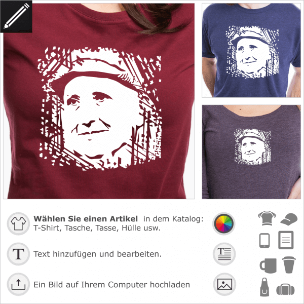 Gertrude Stein Porträt, personalisierbares Design für T-Shirt Druck.