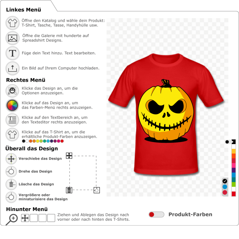 Gestalte den Kürbis und erstelle dein eigenes originelles Halloween-T-Shirt. Kürbis 3 Farben, die online gedruckt werden können.