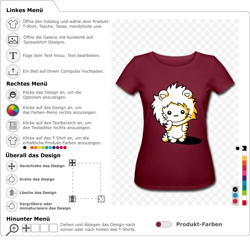 Kätzchen T-Shirt verkleidet als Löwe mit Mähne. Kawaii Katze Design 3 Farben, um online anzupassen.