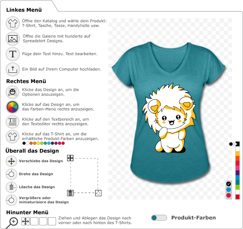 Kawaii Kätzchen T-Shirt zur Personalisierung. Kleine Katze, die mit einem lachenden Gesichtsausdruck steht und eine Kapuze mit einer Löwenmähne trägt.