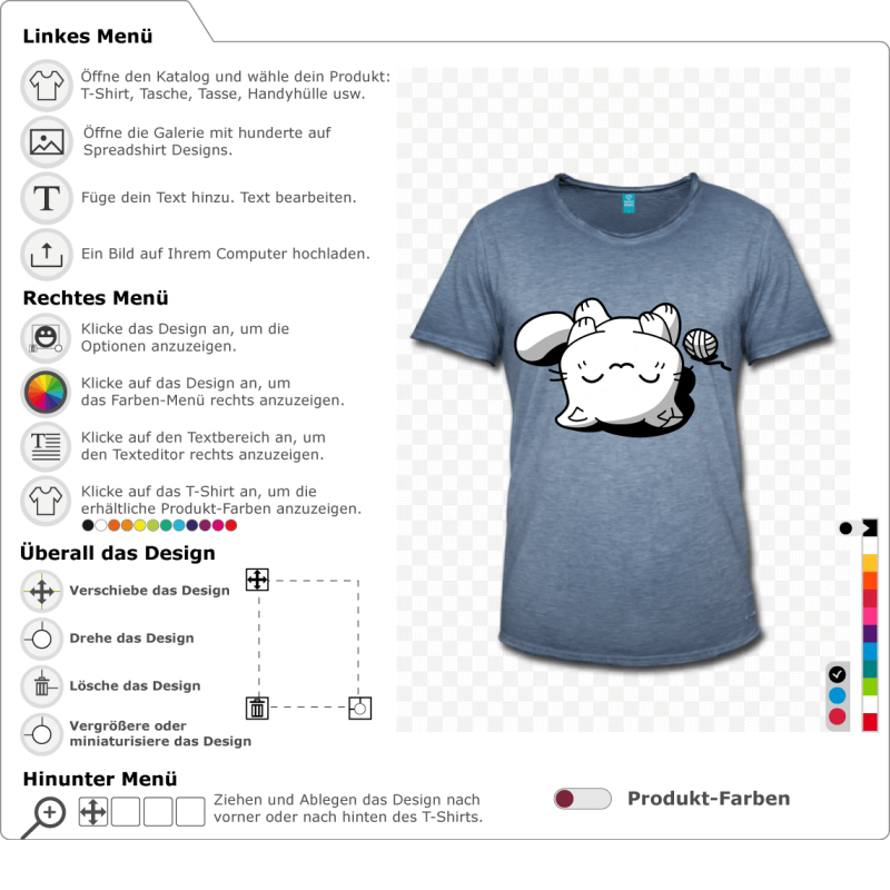 Individuelles Katzen-T-Shirt. Kawaii Kätzchen schläft auf dem Rücken, 3 Farben Zeichnung zu personalisieren.