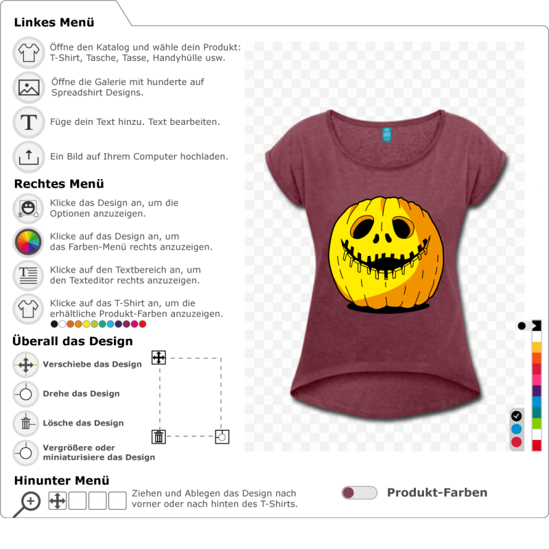 Gestalten Sie ein Halloween-T-Shirt mit diesem originellen und lustigen Kürbis, der in 3 veränderbaren Farben gestaltet ist.