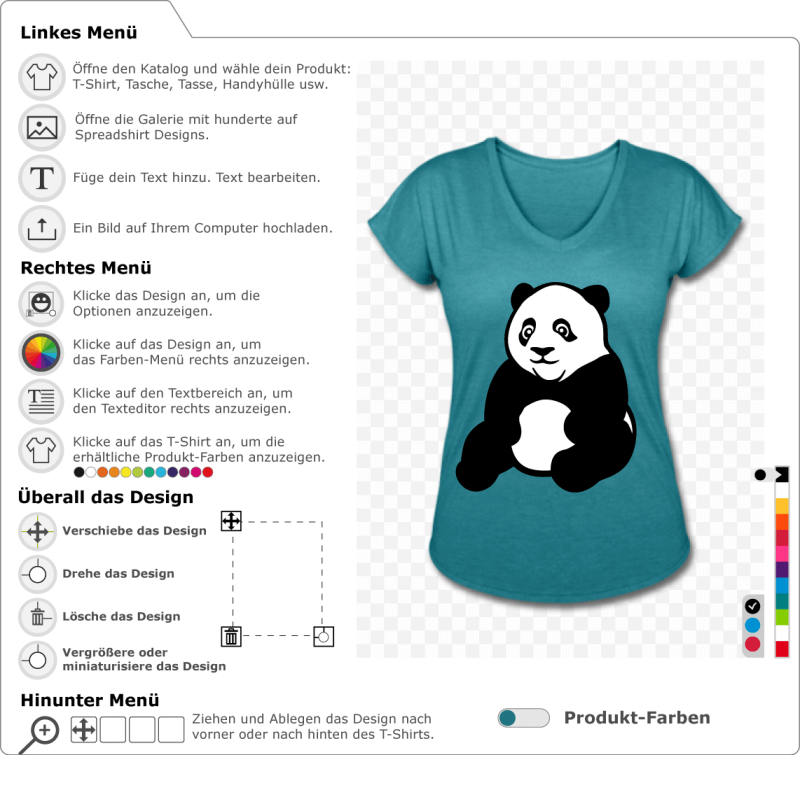 Schwarz-weißes Panda Design von vorne, leicht nach links gerichtet. Kawaii Design, um es online anzupassen.