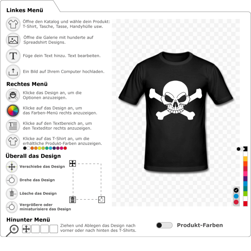 Piraten-T-Shirt, um sich persönlich zu gestalten. Füge Text hinzu, wähle das T-Shirt-Design. Weißer Totenkopf und Kreuzknochen.