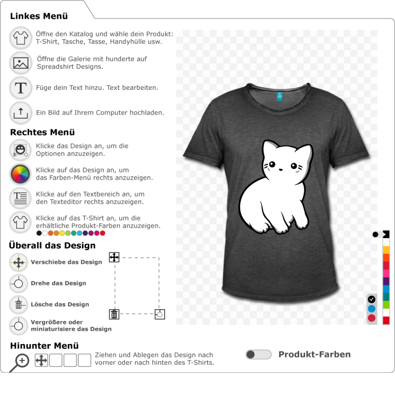 Personalisiere ein Kawaii-Katzen-T-Shirt mit diesem Profil-Kätzchen mit editierbaren Farben.