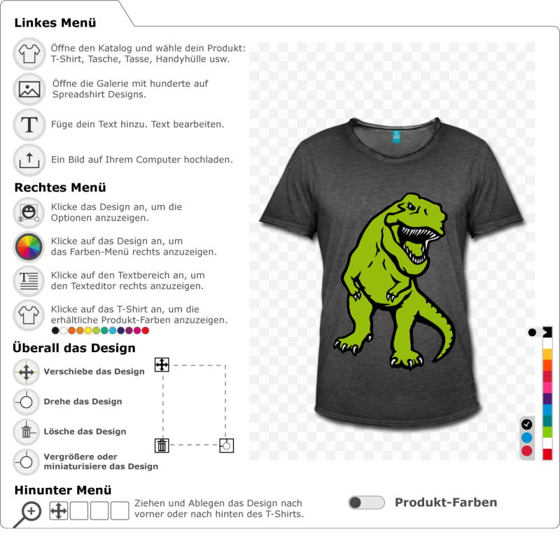 Gestalte ein individuelles Dinosaurier-T-Shirt mit diesem speziellen undurchsichtigen dreifarbigen t-rex für den Online-Druck.