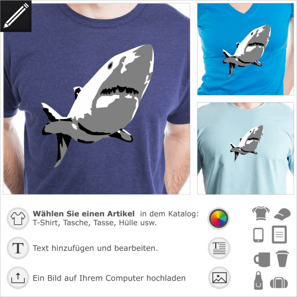 Hai personalisierbares Design 3 Farben. Gestalte ein T-Shirt Hai und Ozean mot diesem stilisierte weiße Hai Design für T-Shirt Druck.