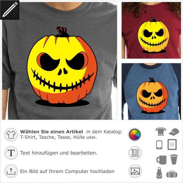 Original Halloween Kürbis T-Shirt. Gestalte ein individuelles T-Shirt mit diesem geschnitzten Kürbis. Kürbislaterne.