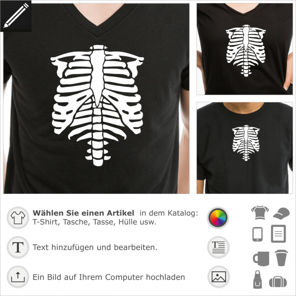 Phosphoreszierend Skelett, personalisierbares Skeletts für T-Shirt Druck. Gestalte ein T-Shirt Halloween mit diesem Brustkorb.