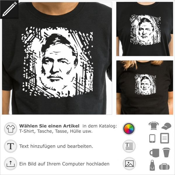 Hemingway personalisierbares umgekehrtes Portrt fr dunkles T-Shirt Druck. Gestalte ein T-Shirt Schriftsteller und Literatur.