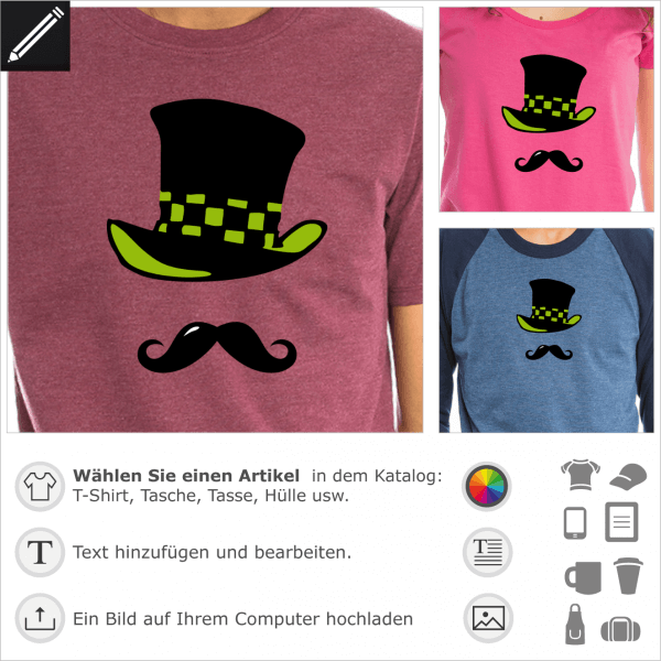 Hutmacher Hut und Schnurrbart. 3 Farben Personalisierbares Design für T-Shirt Druck.