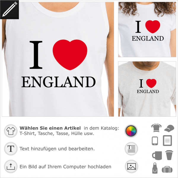 I love England Design mit einem rundliches Herz. 2 Farben personalisierbares Motif fr T-Shirt Druck.