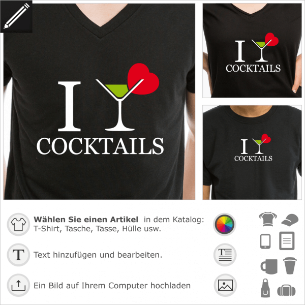 I love cocktails lustiges Design mit einem Coktail Glas une einem Herz. Gestalte ein T-Shirt Humor und Witze mit diesem Motiv.