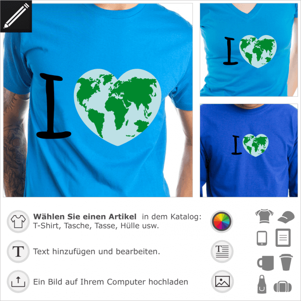 I love earth Ökologie Design für T-Shirt Druck. Personalisierbares Planiglobiom Herz förmig. 