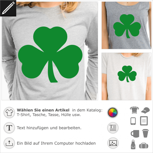 Shamrock Klee Design für St Patrick's Day. Gestalte ein T-Shirt oder ein Accessoire mit diesem irischen Motiv.