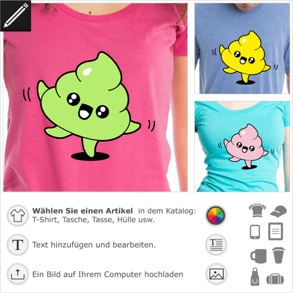 Kak T-Shirt. Tanzende Kot- Emoji, kawaii Kacke, die auf den Spitzen tanzt. Gestalte ein Kak-T-Shirt.
