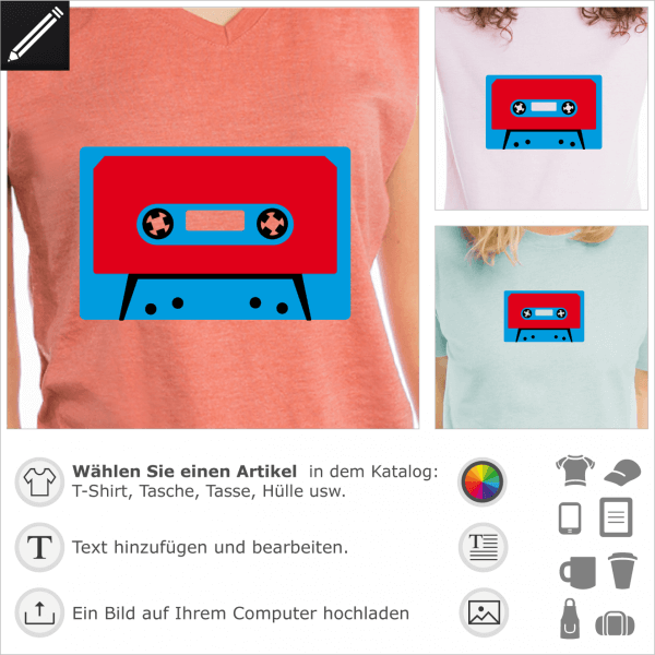 Kassette personalisierbares Design. Gestalte ein T-Shirt Musik und Vintage Audiokassette.