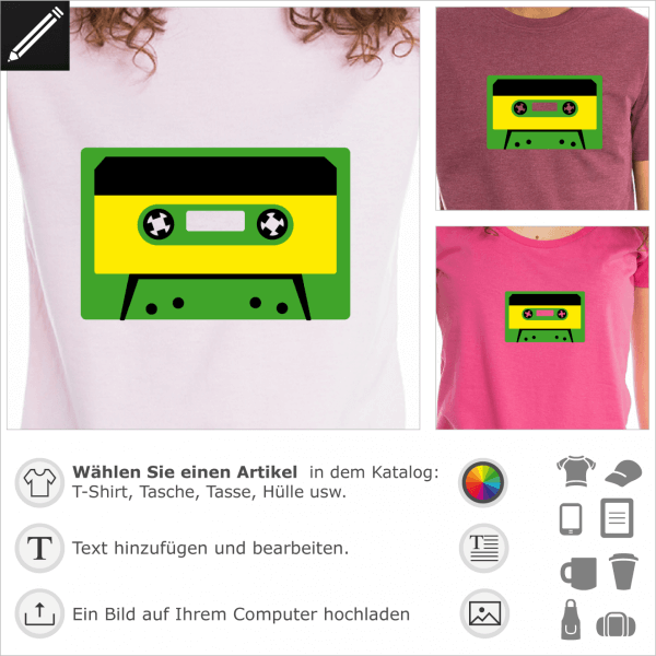 Vintage Audiokassette, dreifarbiges Design fr T-Shirts und Accessoires Druck. 