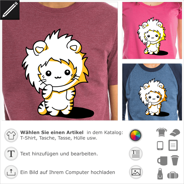 T-Shirt mit Kapuze für Kätzchen. Lustiges Kawaii-Kätzchen mit einer Löwenmähnenhaube.  Niedliche Katze 3 Farben.