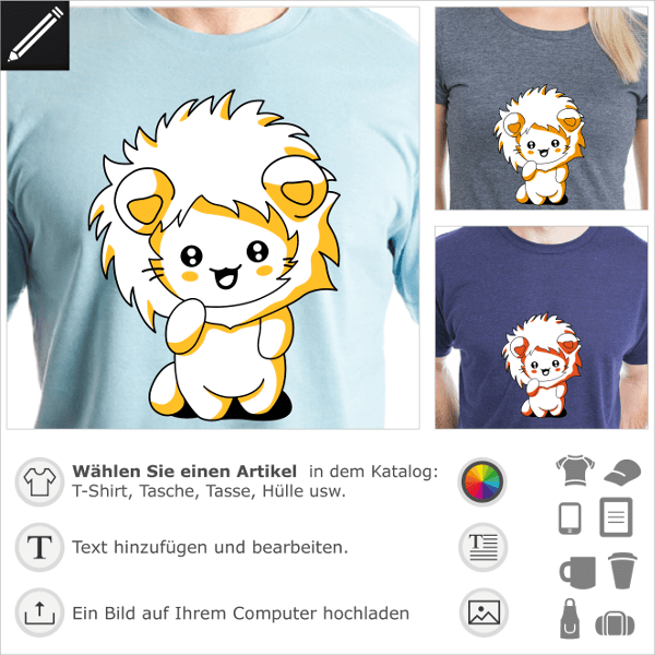 Kawaii Kätzchen T-Shirt, lustige Katze mit Löwenhaube zum Bedrucken von T-Shirts oder Accessoires.