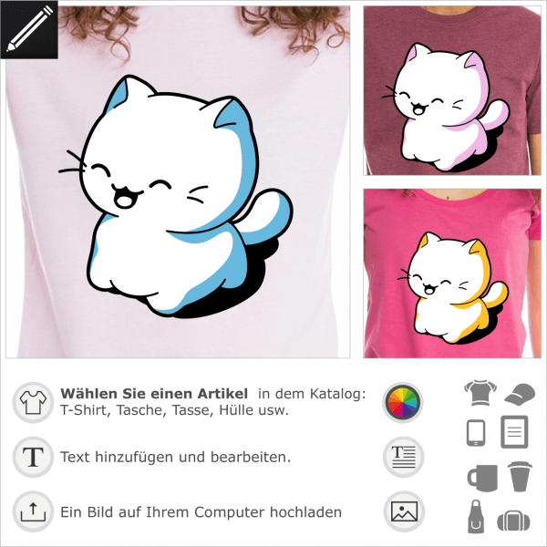 Katzen T-Shirt. Katze kawaii lacht. Das Kawaii-Kätzchen ist auf allen Vieren. Personalisierte Katze.