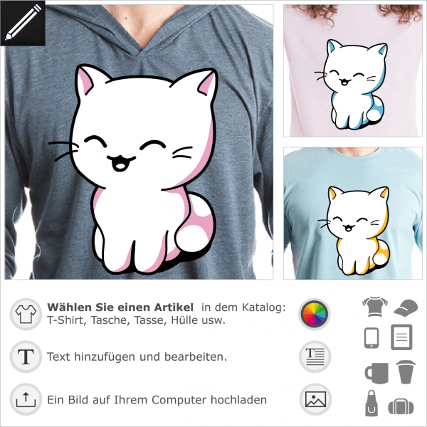 Kätzchen T-Shirt. Kawaii Kätzchen sitzend, in 3 Farben gezeichnet.  Die Katze hat ein lachendes Gesicht. Anpassbare Farbe und Größe. Gestalte ein Kawa