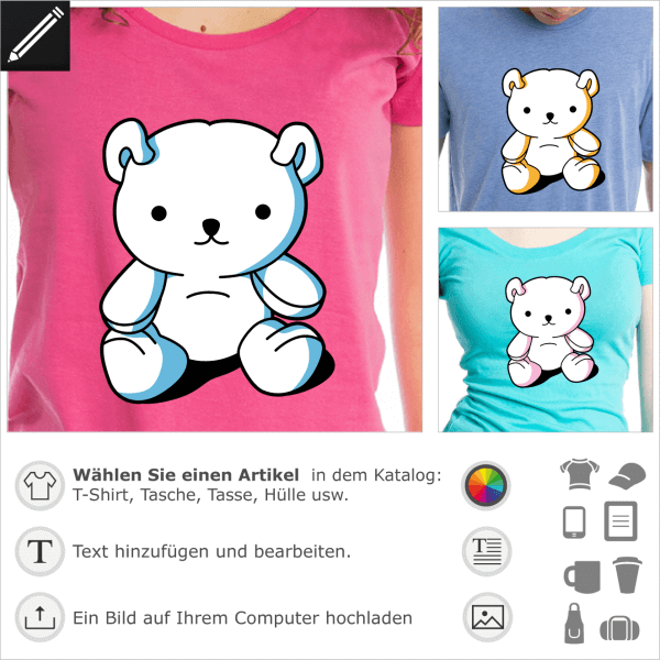 Stilisierter Kawaii-Teddybär, der in 3 Farben individuell gestaltet werden kann, um auf T-Shirts, Tassen oder Accessoires zu drucken.