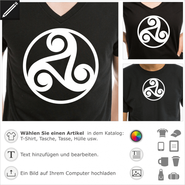 Keltische Triskele Motiv mit einem Kreis un einem dreieckiges Loch in der Mitte. Gestalte dein keltisches T-Shirt oder Accessoire online.