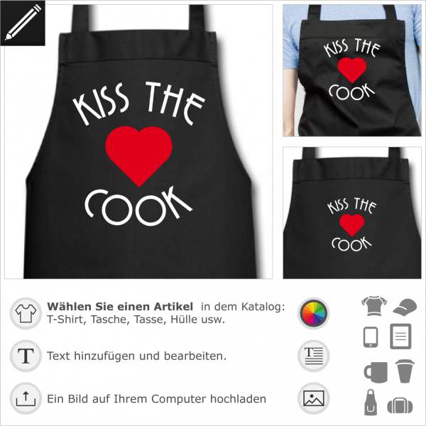 Kiss the cook Design für Schürze Druck mit einem Herz.