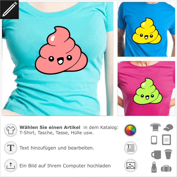 Kot Emoji T-Shirt. Kak Emoji kawaii, Emoji Humor in Form eines 3-farbigen Poops zum Bedrucken von T-Shirts. 