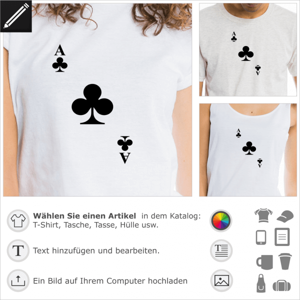Diagonal Kreuz As. Poker Design mit dem klee förmigen Kreuz Symbol. Gestalte ein T-Shirt Kartenspiel.