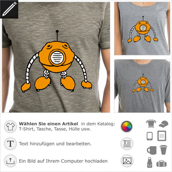 Ball förmiger Roboter Design für T-Shirt Druck. 3 Farben personalisierbares Motiv.