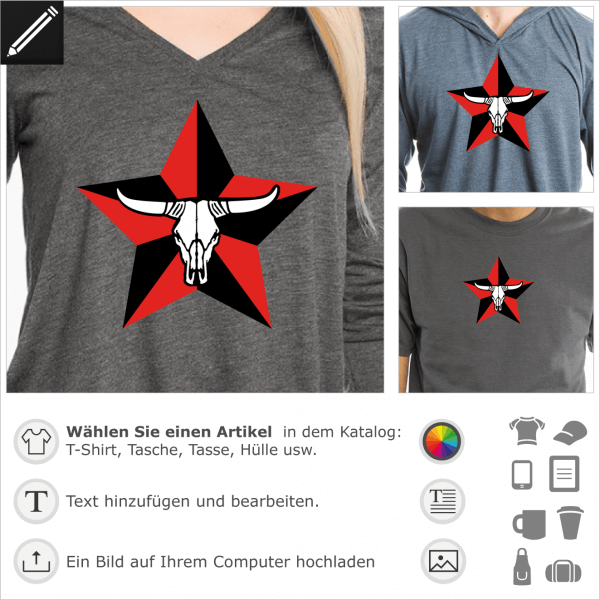 Texas Kuhkopf für T-Shirt Druck. 3 Farben Design mit einem Kuh Schädel auf einen zwei Farben Stern.