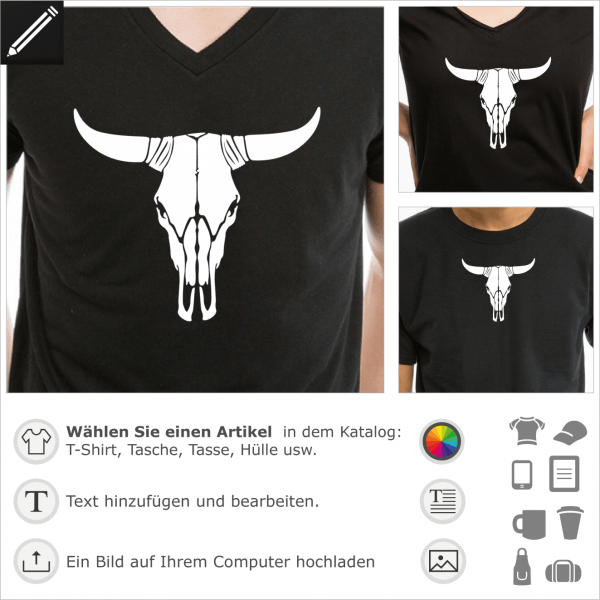 Kuhkopf Far West Design. Kuh Totenkopf personalisierbares Motiv für T-Shirt Druck. Gestalte eine USA Kleidung.