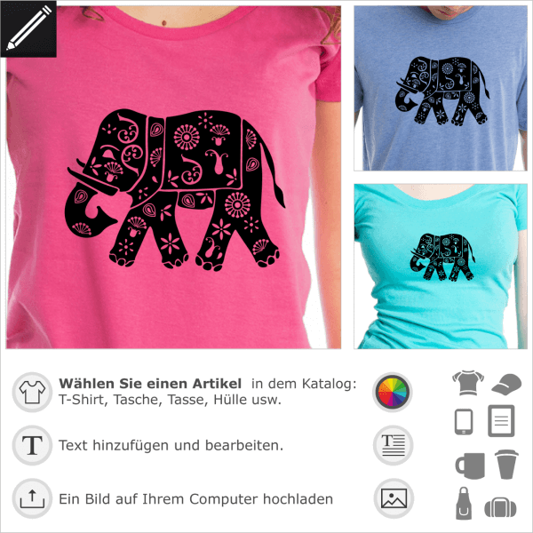 Indien Elefant personalisierbares Motiv für T-Shirt Druck. Indischer stilisierter Elefant mit Dekorieren.