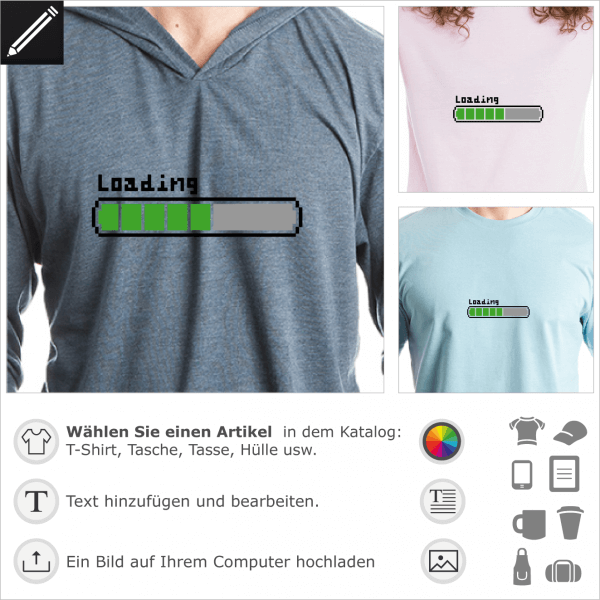 Loading Bar Retrogaming Design, 3 Farben Motiv mit Pixels gezeichnet. Personalisierte 8bits T-Shirts.